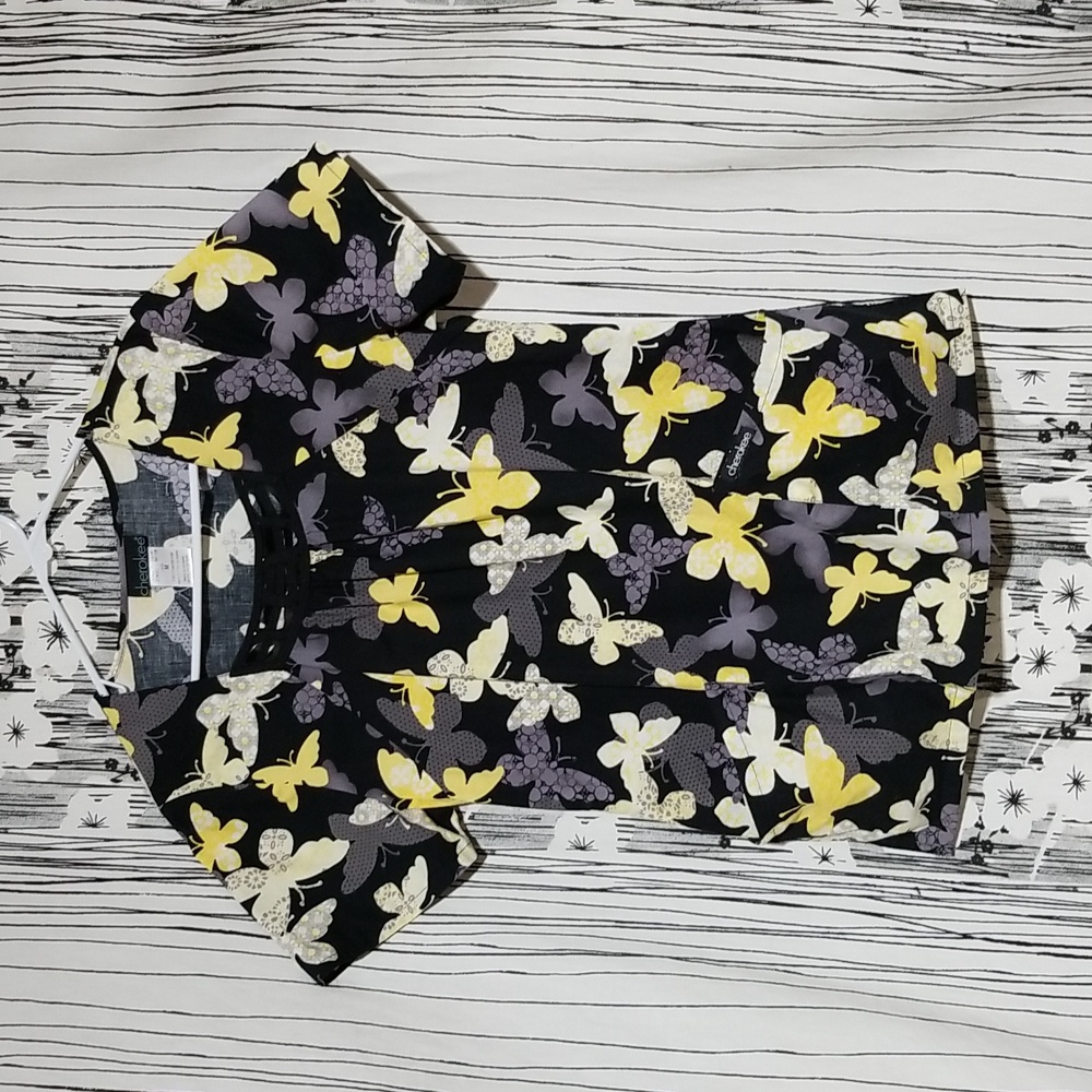 Cherokee black with yellow and gray patterned butterflies. Medium.